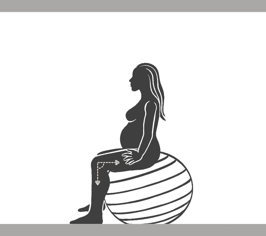 Sizing silhouette — pregnant figure seated on the birth ball with hips and knees at 90 degrees.